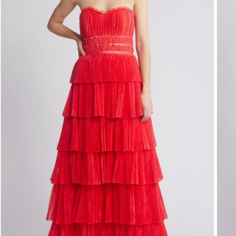 HUTCH Elegant Red Strapless Tiered Dress